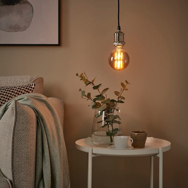 Ikea JÄLLBY / MOLNART - Pendant lamp with bulb, nickel-plated fabric/globe transparent glass gray