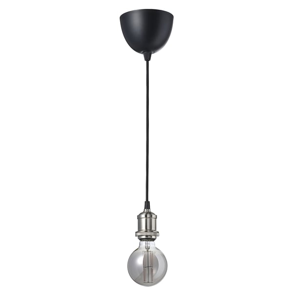 JÄLLBY / MOLNART pendant lamp with light bulb, textile nickel-plated/globe grey clear glass, 95 mm