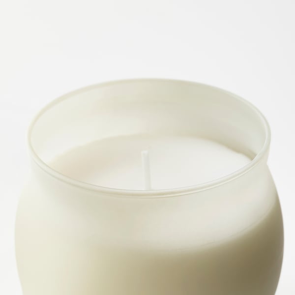 JÄMLIK scented candle in glass, Vanilla/light beige, 50 h