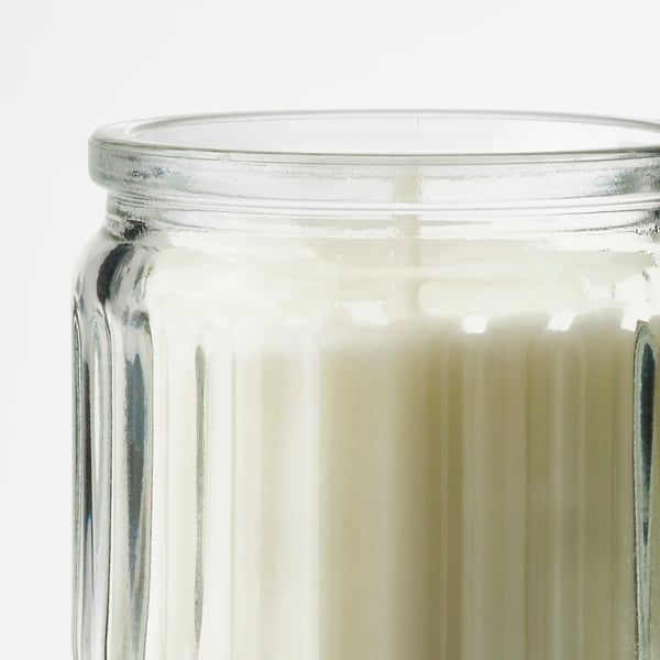 JÄMLIK scented candle in glass, Vanilla/light beige, 12 h
