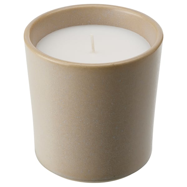 JÄMLIK scented candle in ceramic jar, Vanilla/light beige, 50 h