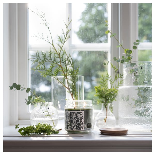 JÄMTSKOGEN scented candle/glass w lid/2 wicks, cypress & eucalyptus/dark green, 70 hr