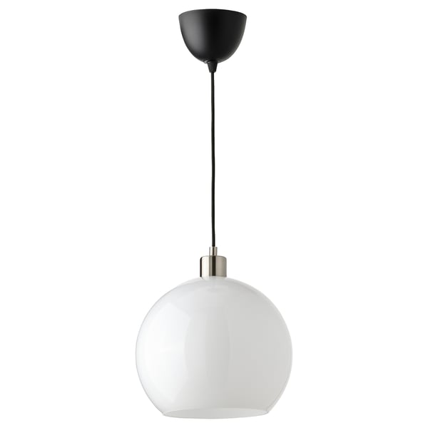JÄRPLIDEN pendant lamp, white glass/nickel-plated, 30 cm