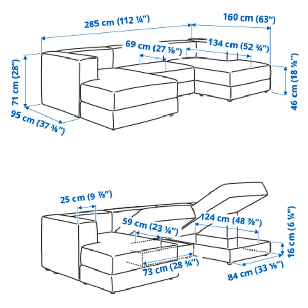 JÄTTEBO 3,5-seat mod sofa w chaise longues, armrests Samsala/dark yellow-green, 25x71x160 cm