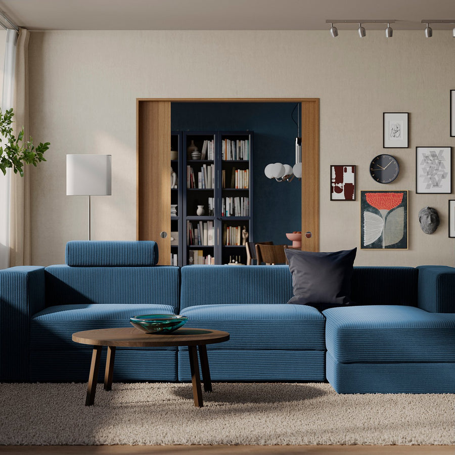 JÄTTEBO 4-seat mod sofa w chaise longue, right with headrest/Samsala dark blue, 310x87x160 cm