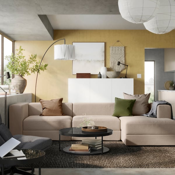 JÄTTEBO 4-seat mod sofa w chaise longue, right/Samsala grey-beige, 310x71x160 cm
