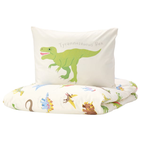 JÄTTELIK duvet cover and pillowcase, Dinosaurs/white, 150x200/50x80 cm
