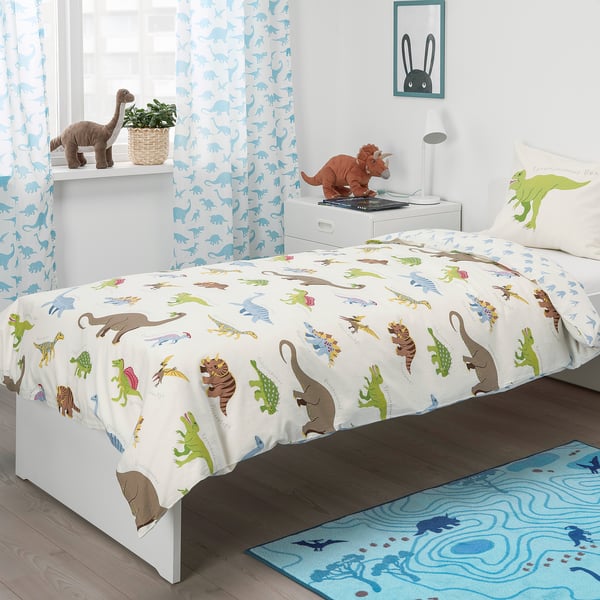 JÄTTELIK duvet cover and pillowcase, Dinosaurs/white, 150x200/50x80 cm