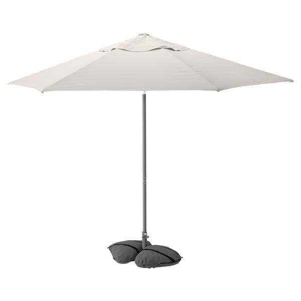 JOGGESÖ / IGGÖN parasol with base, tilting light grey-beige/dark grey, 300 cm