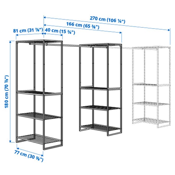 JOSTEIN shelving unit with clothes rod, in/outdoor/wire white, 81x166/270x180 cm