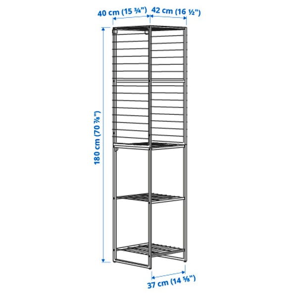 JOSTEIN shelving unit with grid, in/outdoor/wire white, 42x40x180 cm