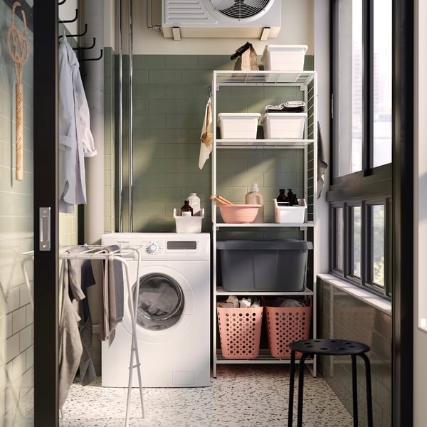 JOSTEIN shelving unit with grid, in/outdoor/wire white, 62x40x180 cm