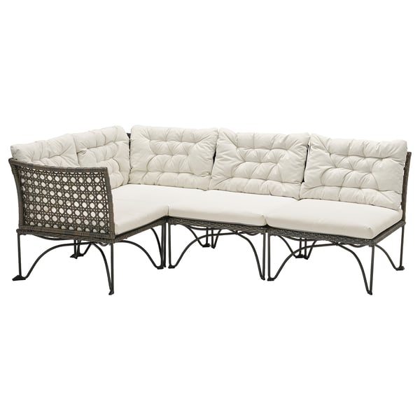 JUTHOLMEN modular corner sofa 3-seat, outdoor, dark grey/Kuddarna light grey-beige, 146x83x73 cm