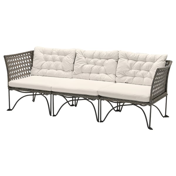 JUTHOLMEN 3-seat modular sofa, outdoor, dark grey/Kuddarna light grey-beige, 210x73 cm