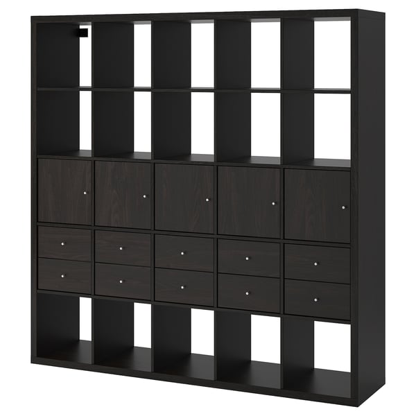 KALLAX shelving unit with 10 inserts, black-brown, 182x182 cm