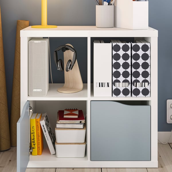 KALLAX shelving unit, with 2 doors white/light grey-blue wave shaped, 77x77 cm
