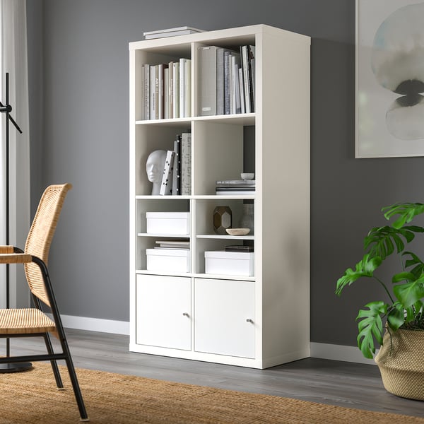 KALLAX shelving unit, with 2 doors/with 2 shelf inserts white, 147x77 cm