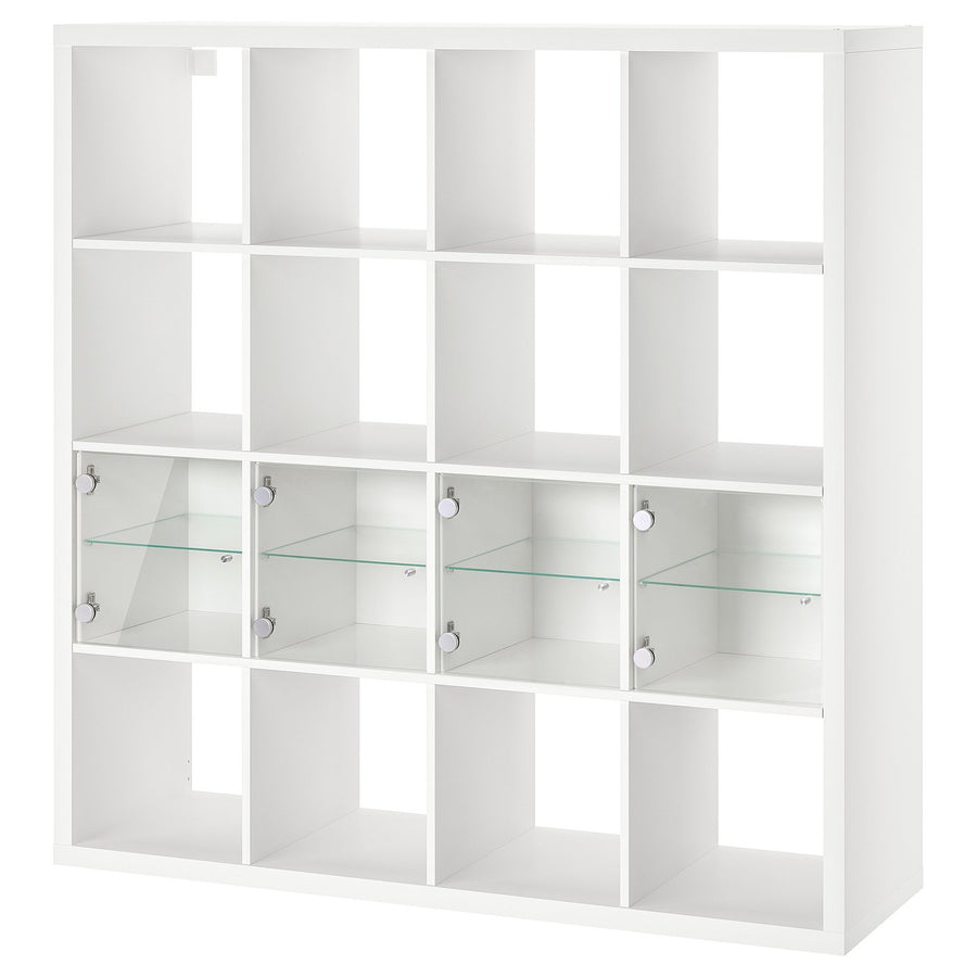 KALLAX shelving unit with 4 inserts, white/glass, 147x147 cm