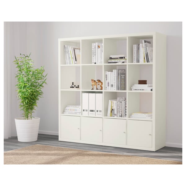 KALLAX shelving unit with 4 inserts, white, 147x147 cm