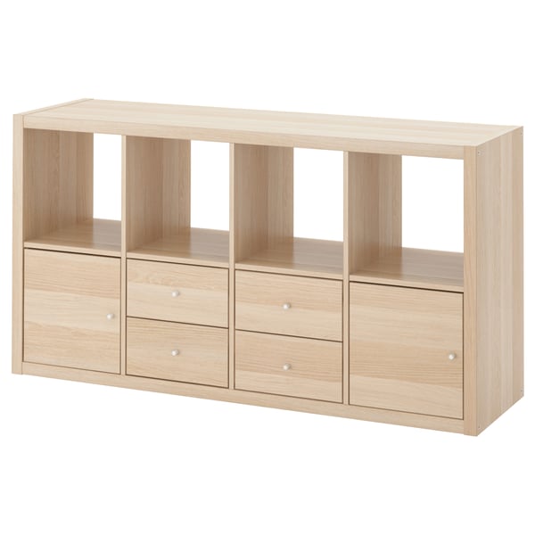 KALLAX shelving unit with 4 inserts, white stained oak effect, 147x77 cm