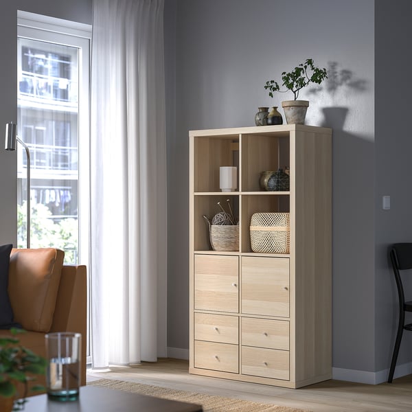 KALLAX shelving unit with 4 inserts, white stained oak effect, 147x77 cm