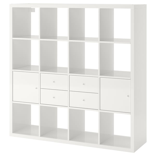 KALLAX shelving unit with 4 inserts, high-gloss/white, 147x147 cm