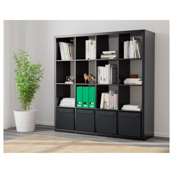 KALLAX shelving unit with 4 inserts, black-brown, 147x147 cm