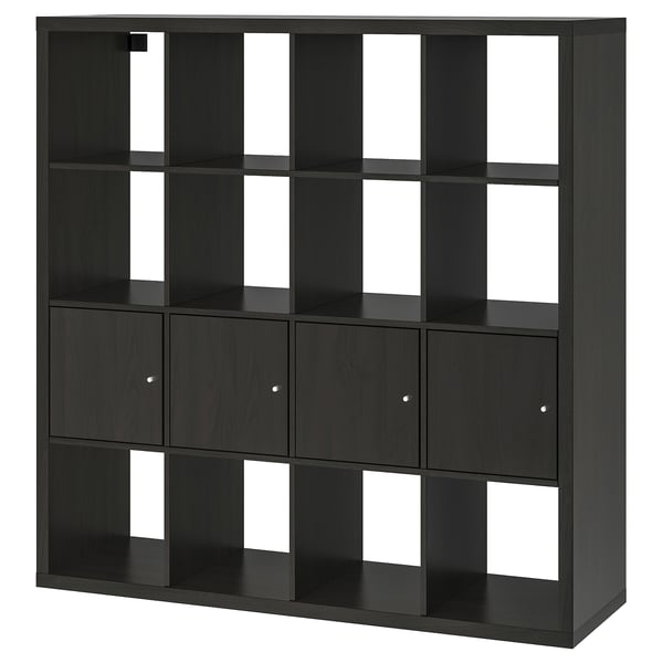 KALLAX shelving unit with 4 inserts, black-brown, 147x147 cm