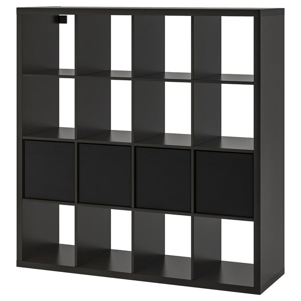 KALLAX shelving unit with 4 inserts, black-brown, 147x147 cm