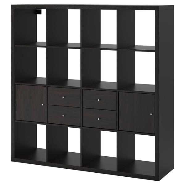 KALLAX shelving unit with 4 inserts, black-brown, 147x147 cm