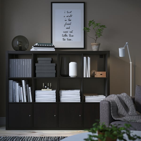 KALLAX shelving unit with 4 inserts, black-brown, 147x112 cm