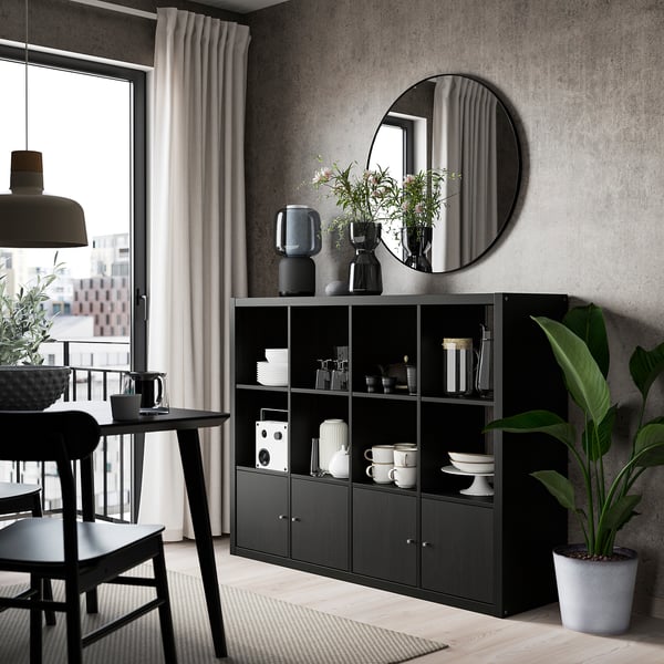KALLAX shelving unit with 4 inserts, black-brown, 147x112 cm