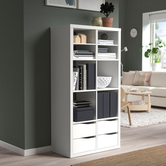 KALLAX shelving unit, with 4 drawers with 2 shelf inserts/wave shaped white, 147x77 cm