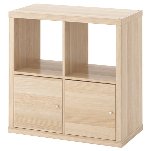 KALLAX shelving unit with doors, white stained oak effect, 77x77 cm