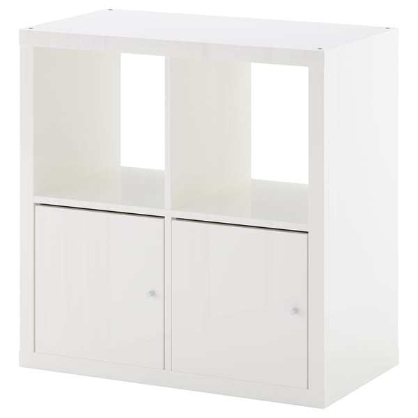 KALLAX shelving unit with doors, high-gloss/white, 77x77 cm