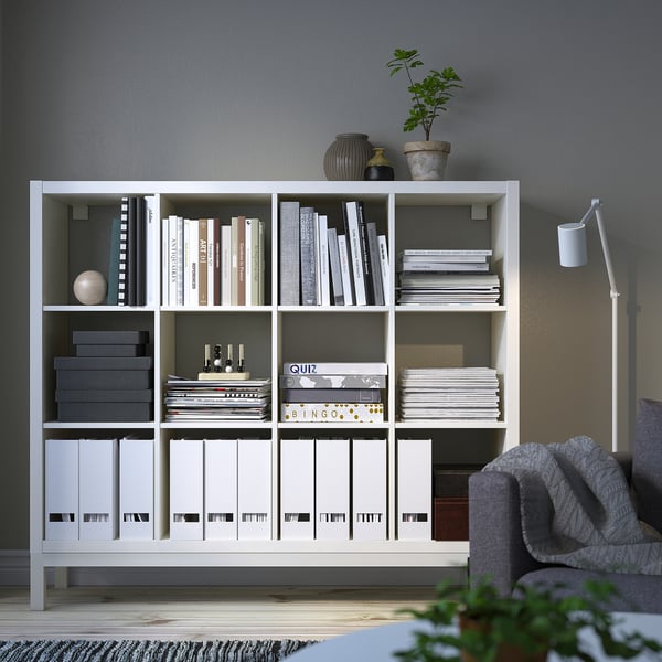 KALLAX shelving unit with underframe, white/white, 147x129 cm