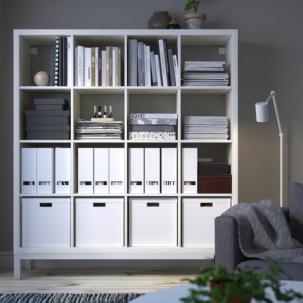 KALLAX shelving unit with underframe, white/white, 147x164 cm