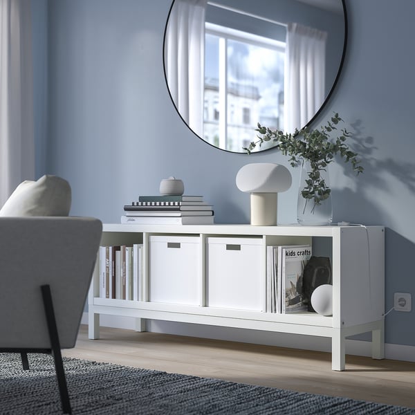 KALLAX shelving unit with underframe, white/white, 147x59 cm