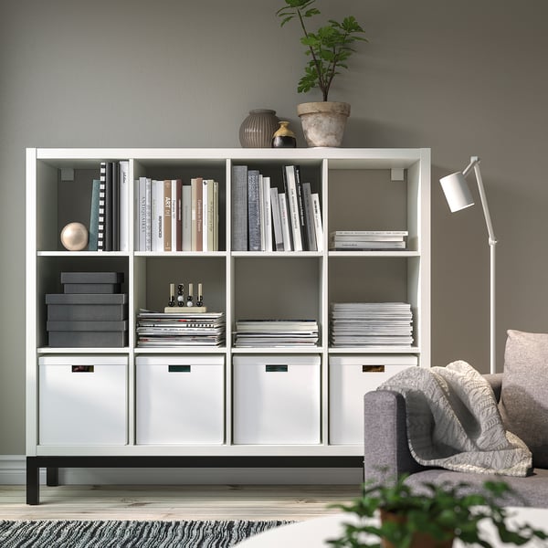 KALLAX shelving unit with underframe, white/black, 147x129 cm