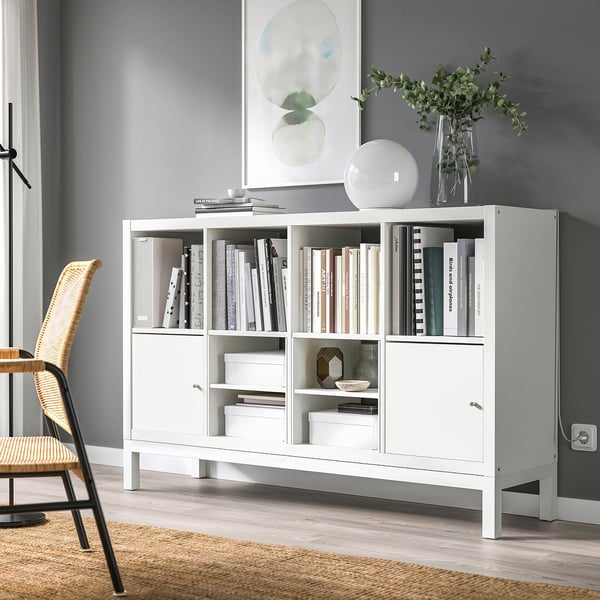 KALLAX shelving unit with underframe, with 2 doors/with 2 shelf inserts white, 147x94 cm
