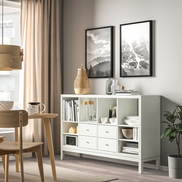 KALLAX shelving unit with underframe, with 4 drawers/with 2 shelf inserts white, 147x94 cm