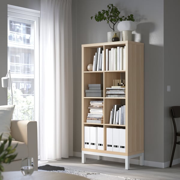 KALLAX shelving unit with underframe, white stained oak effect/white, 77x164 cm