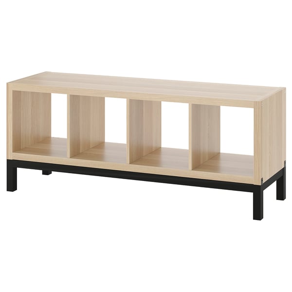 KALLAX shelving unit with underframe, white stained oak effect/black, 147x59 cm