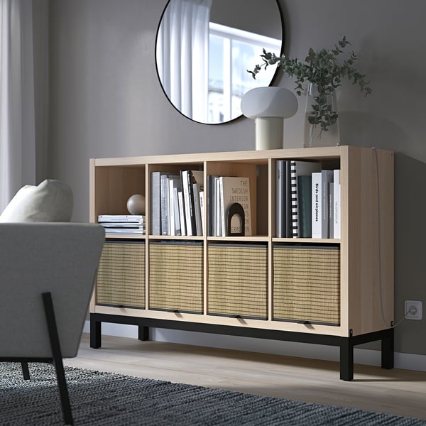 KALLAX shelving unit with underframe, white stained oak effect/black, 147x94 cm