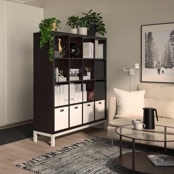 KALLAX shelving unit with underframe, black-brown/white, 147x164 cm