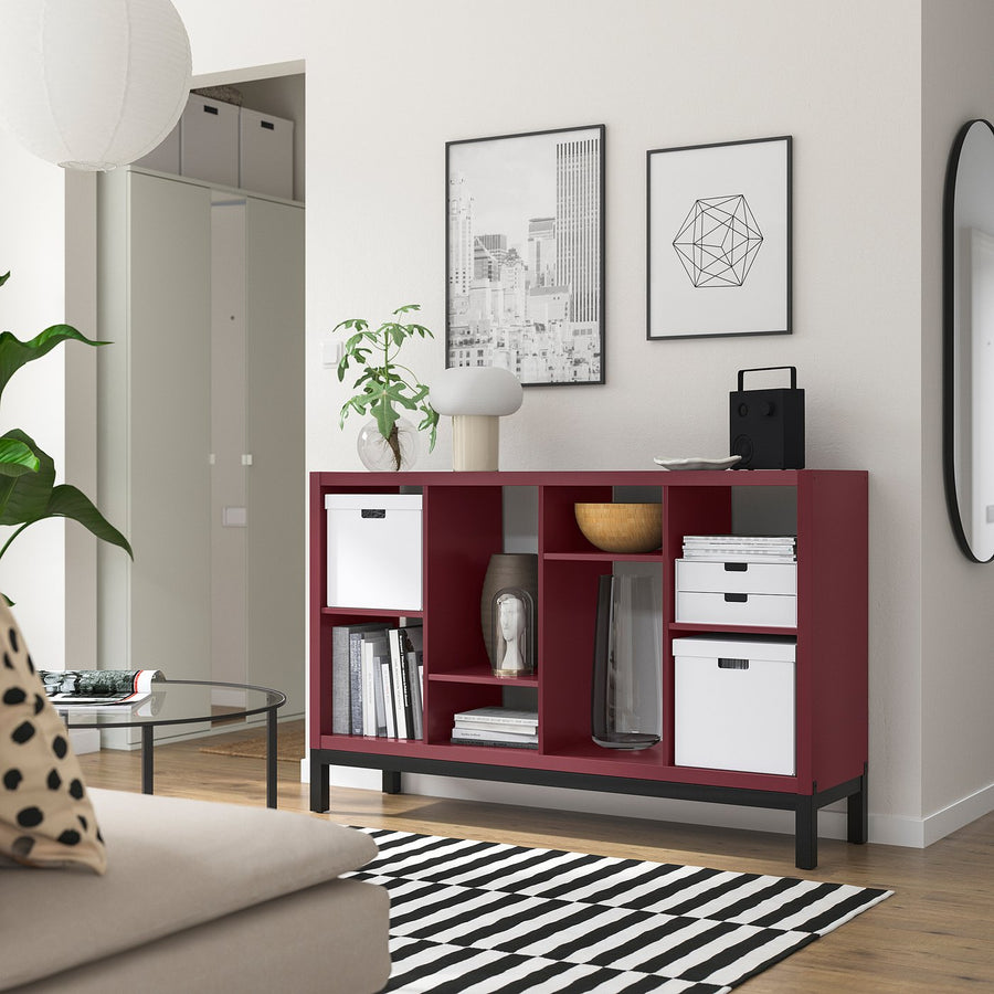 KALLAX shelving unit with underframe, brown-red/black, 147x39x94 cm