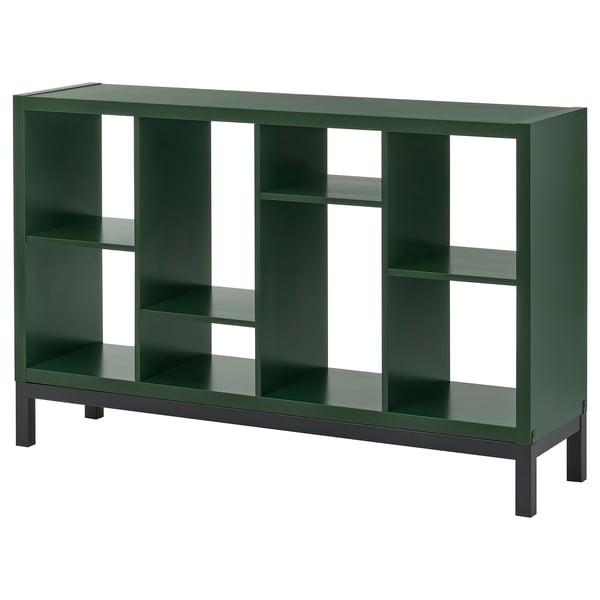 KALLAX shelving unit with underframe, dark green/black, 147x39x94 cm
