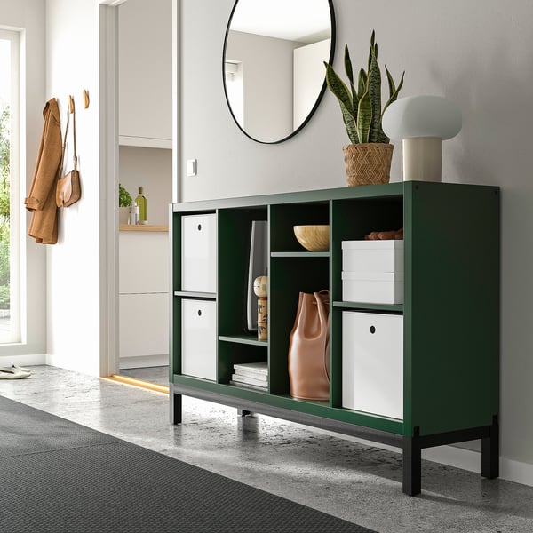 KALLAX shelving unit with underframe, dark green/black, 147x39x94 cm