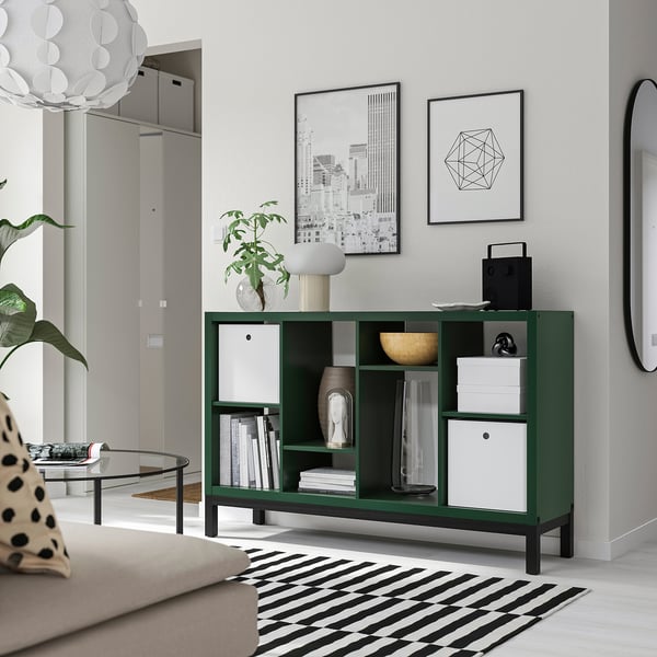 KALLAX shelving unit with underframe, dark green/black, 147x39x94 cm