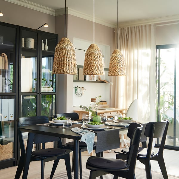 KAPPELAND / HAVSDJUP pendant lamp, black/rattan, 29 cm